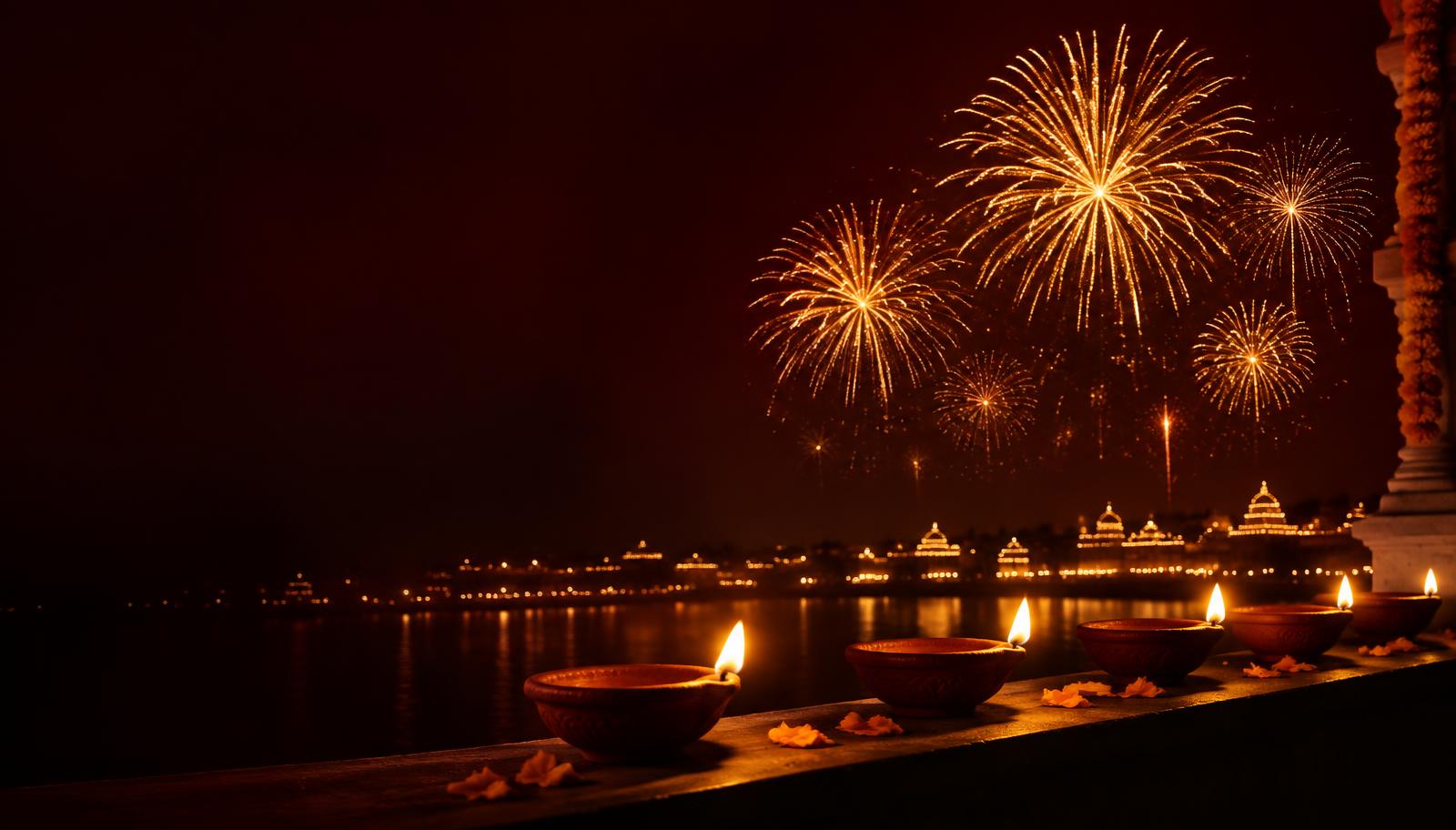 Fireworks over diyas